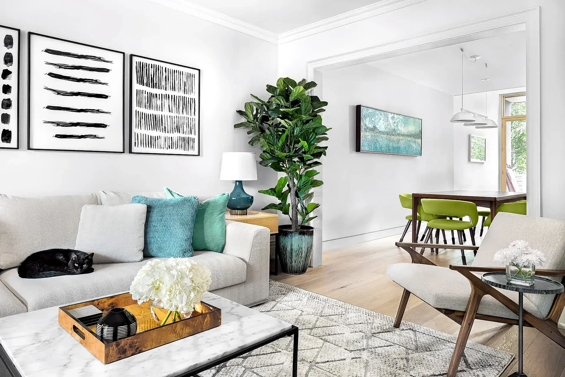 Open concept modern living room and dining room