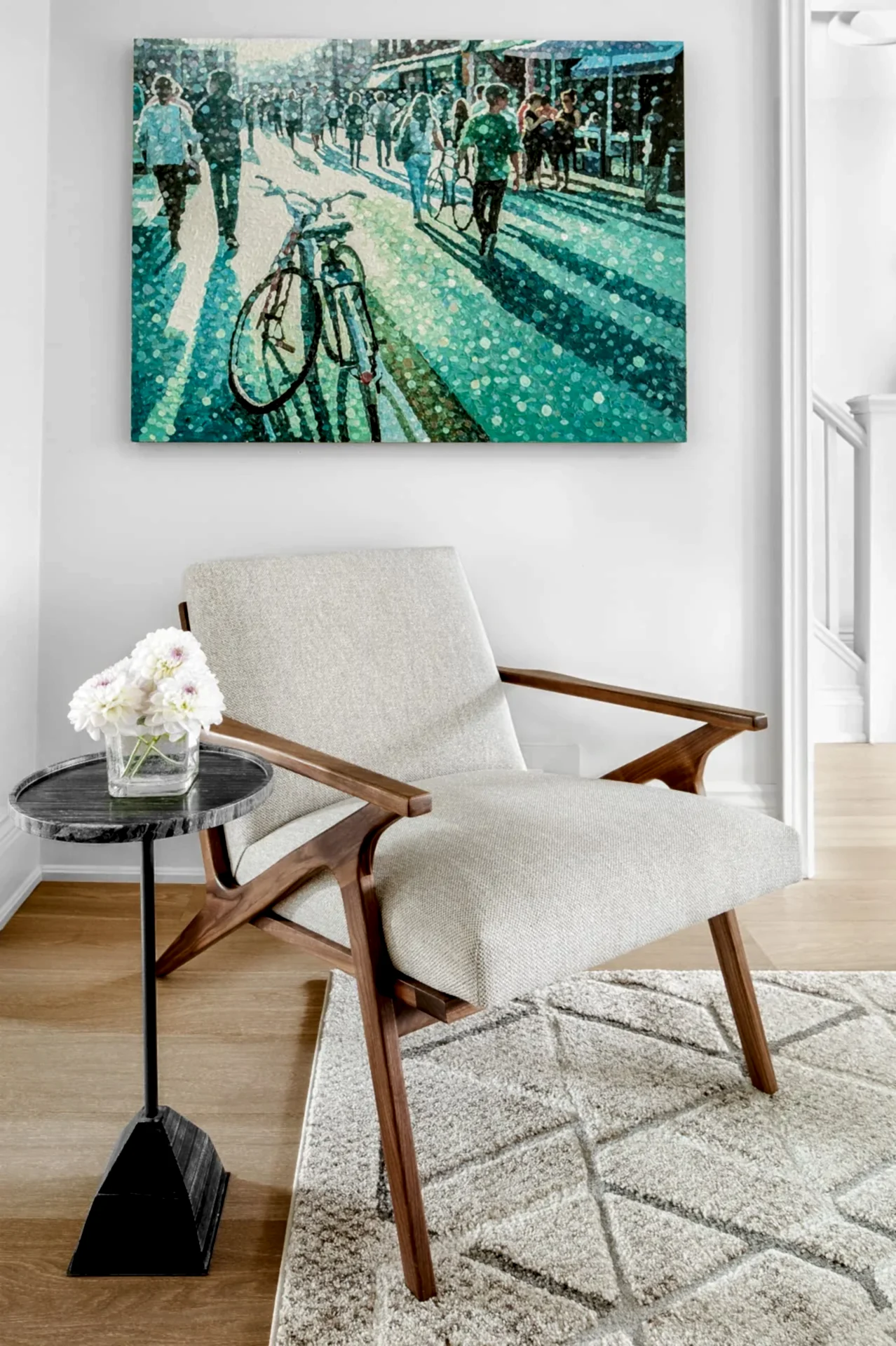 Living Room Vignette with Blue Artwork of Kensington Market