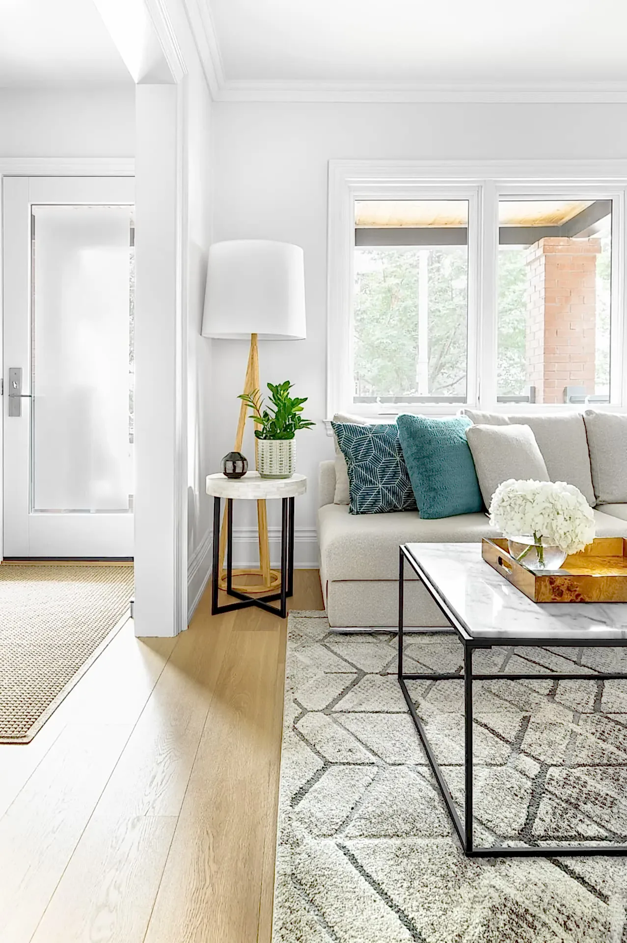 Modern living room with gray couch, brown wood accent chair, gray geometric carpet and large houseplant