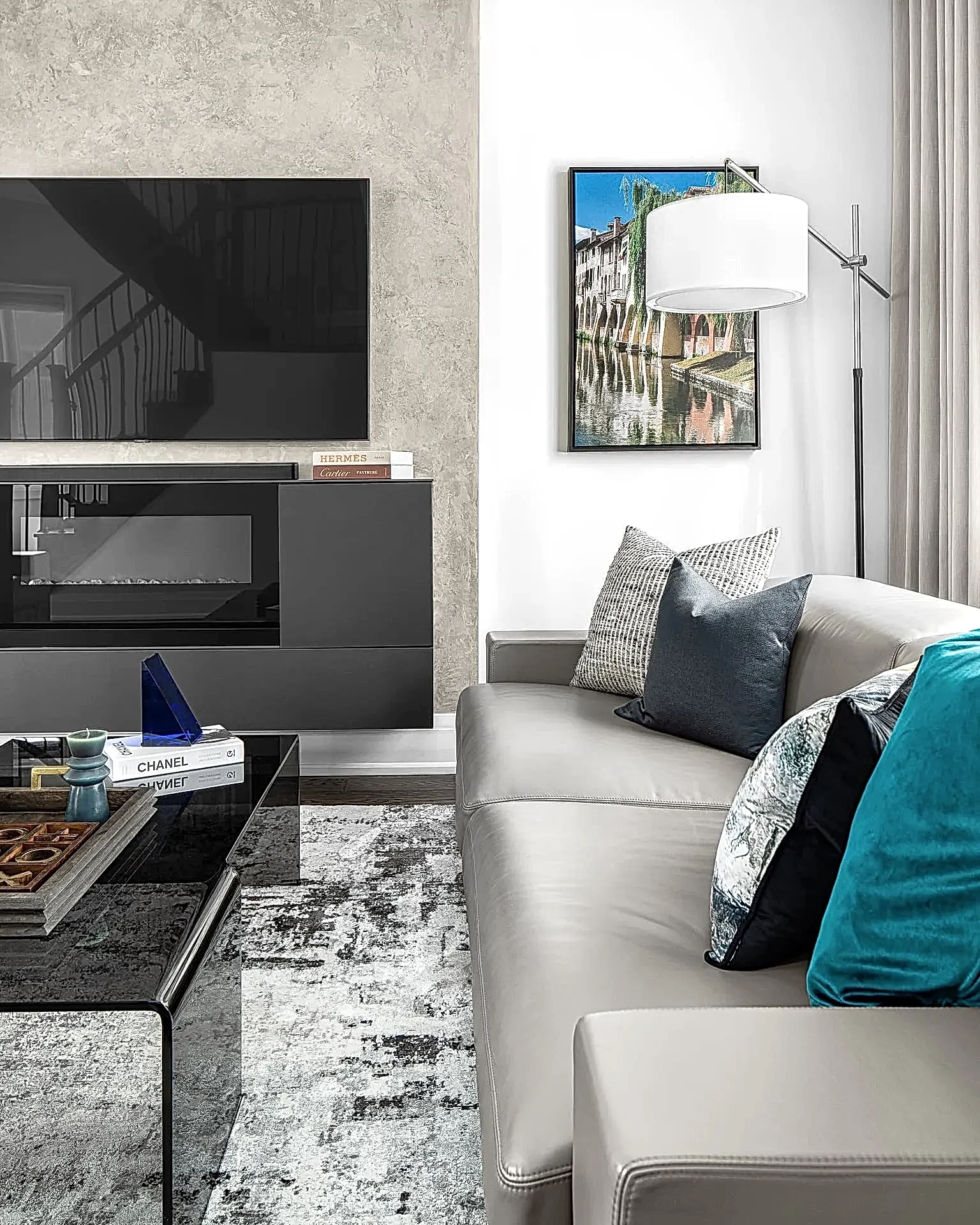 Neutral warm Italian modern living room and home office for our Ingleside Project