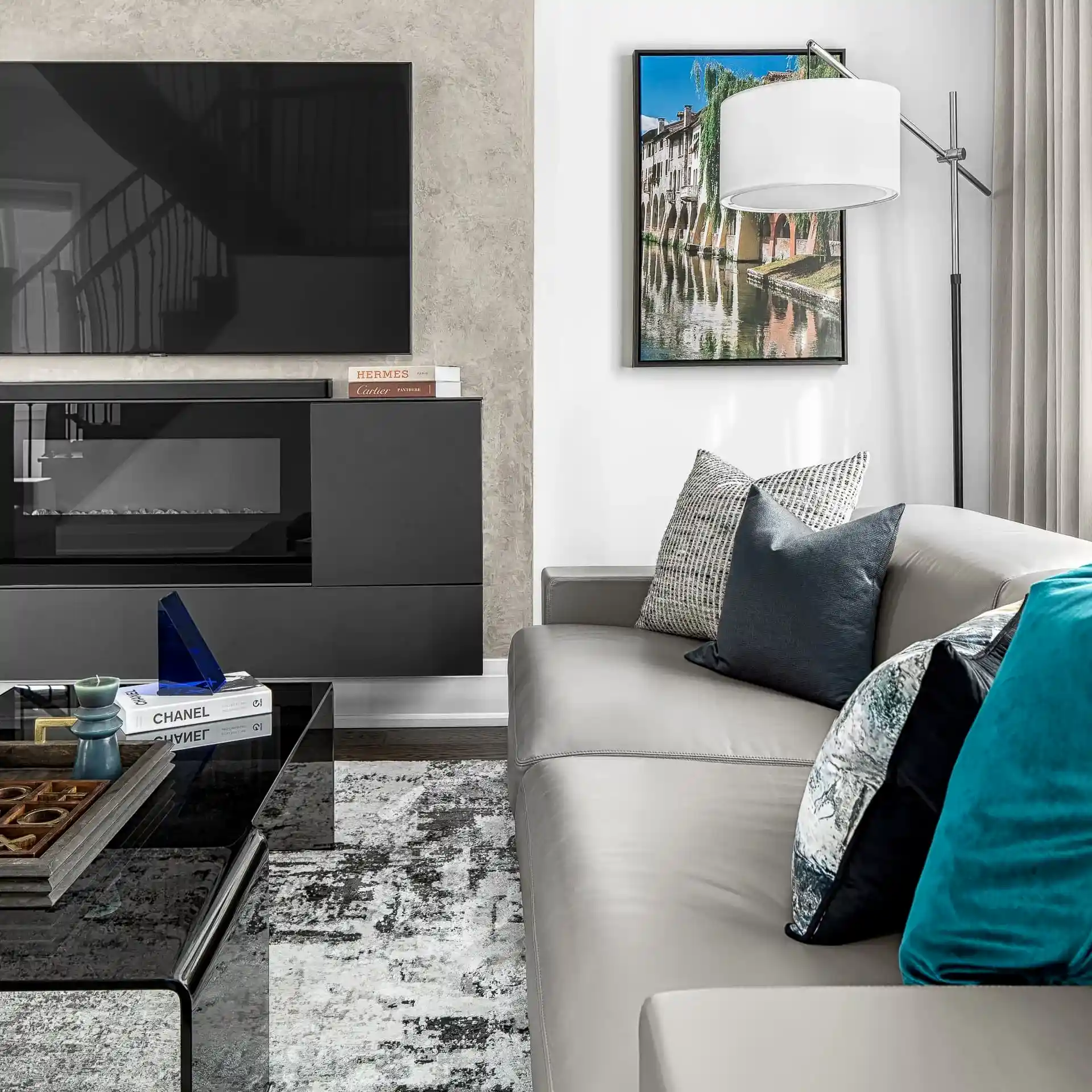 Neutral warm Italian modern living room and home office for our Ingleside Project
