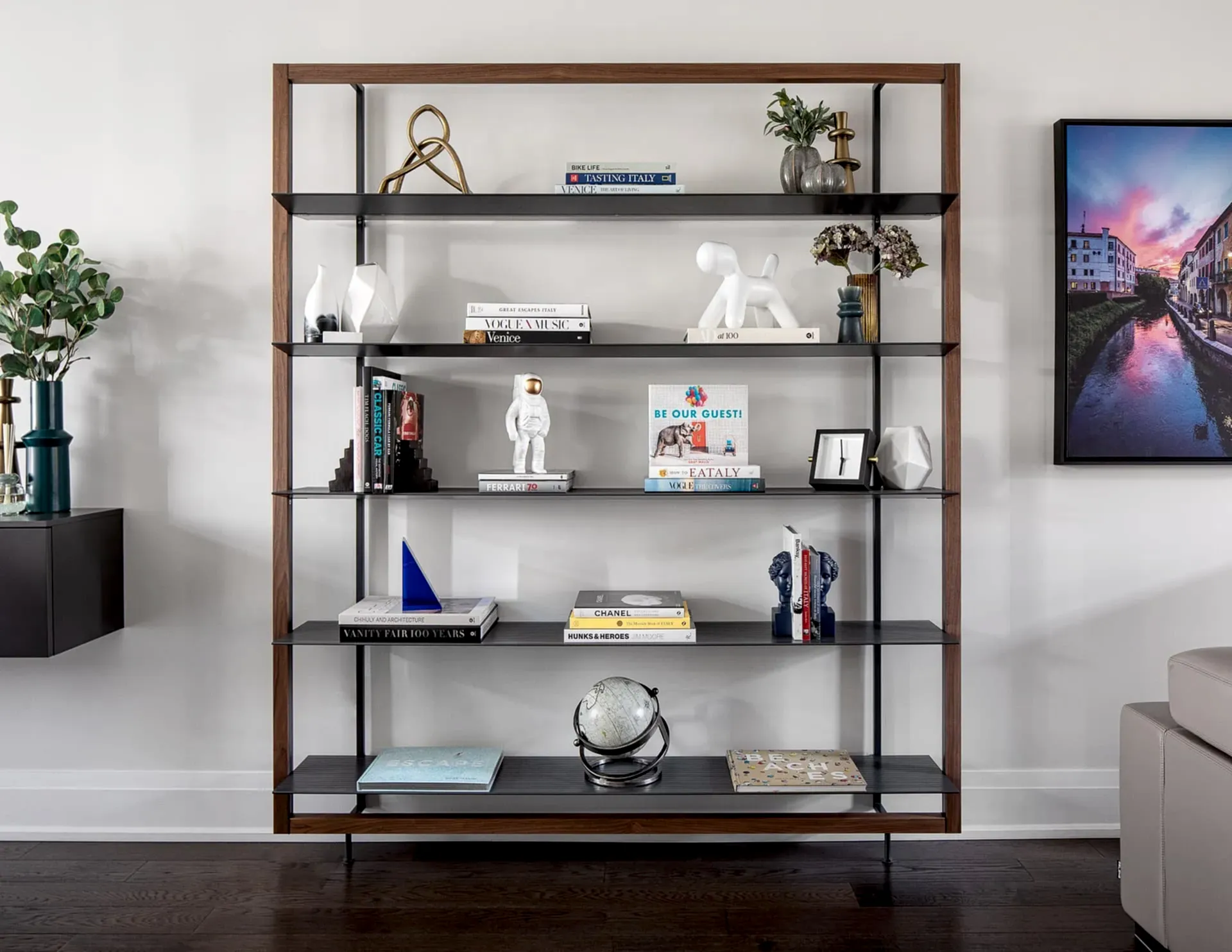 Modern contemporary living room with wood and metal open shelf display case