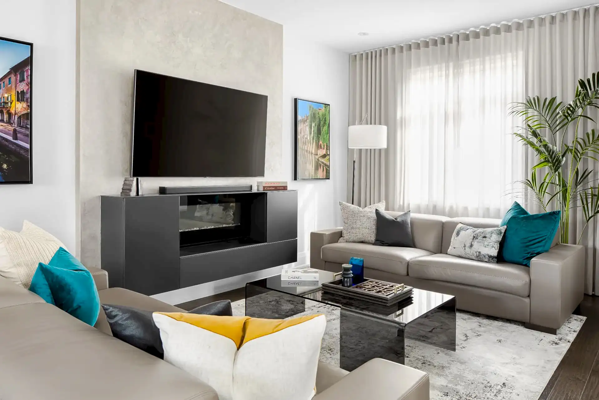 Downsizing . Neutral warm Italian modern living room and home office