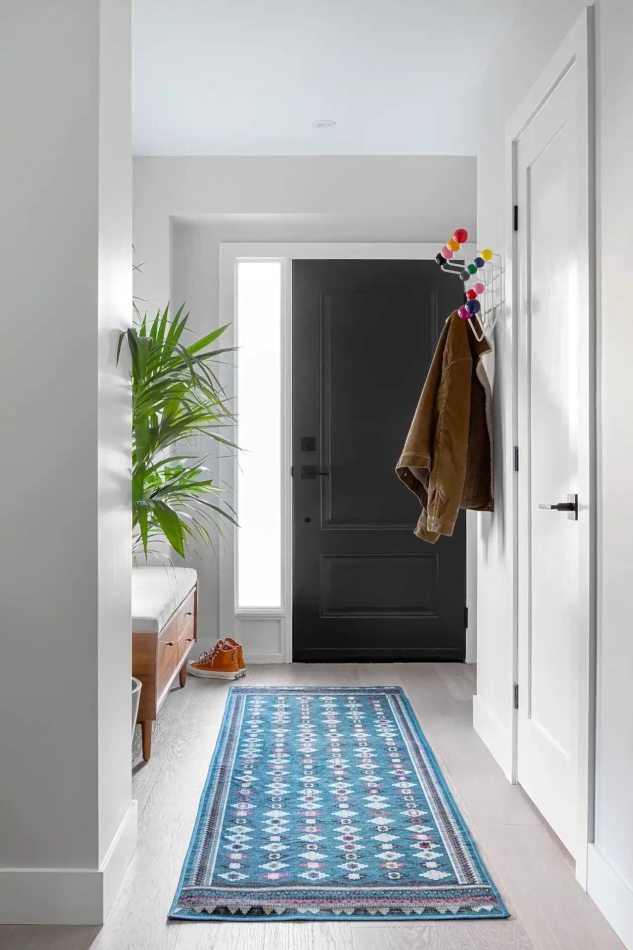 Bright modern entryway with blue runner carpet and Eames hang it all coat rack in our Valleyview Project
