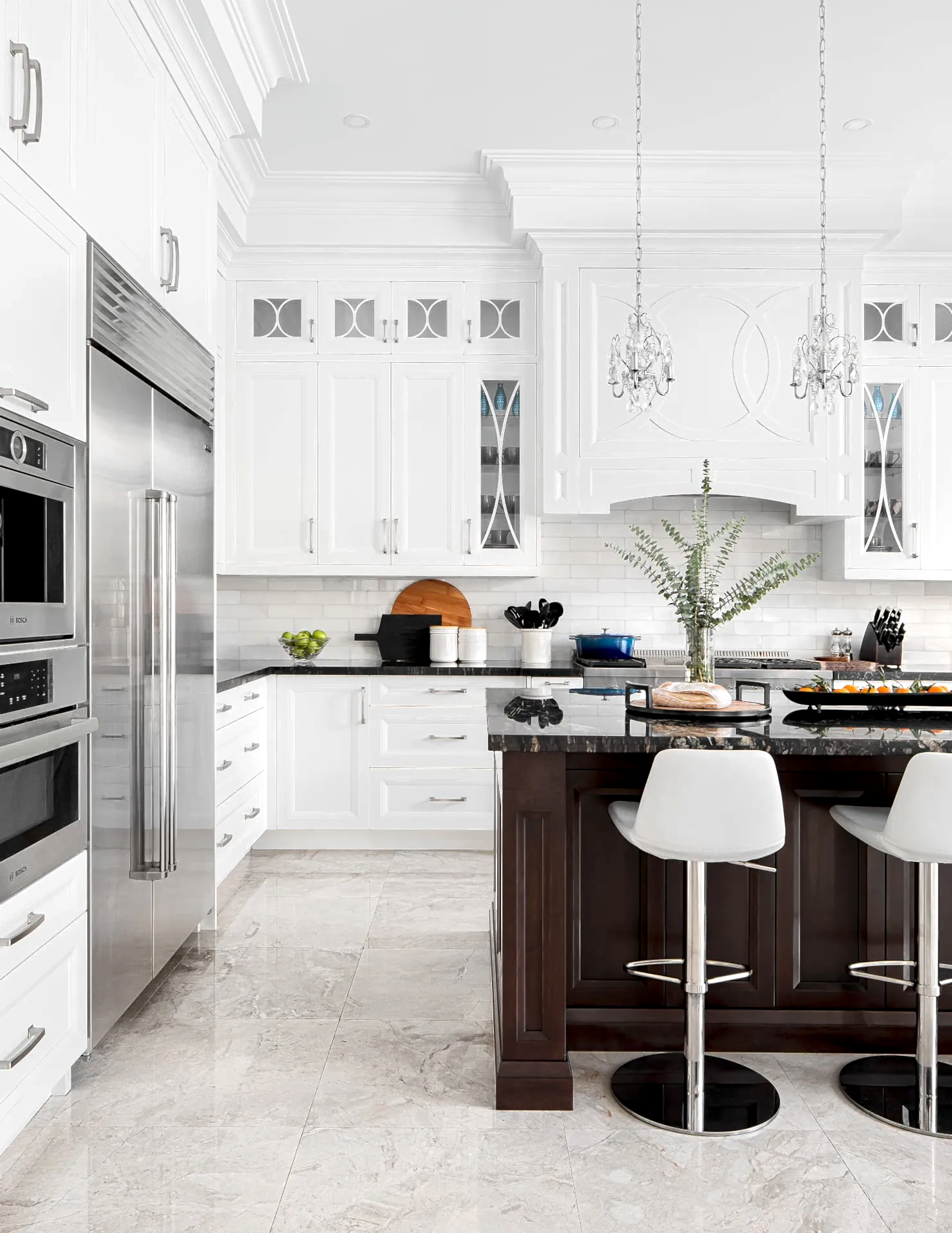 Interior Lighting Bright white modern transitional kitchen with white cabinets and dark brown island