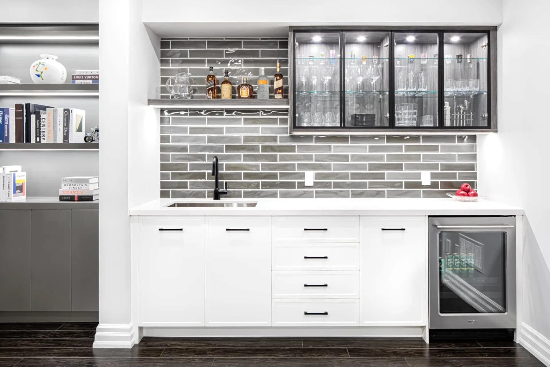 High contrast modern transitional kitchenette with gray tile backsplash